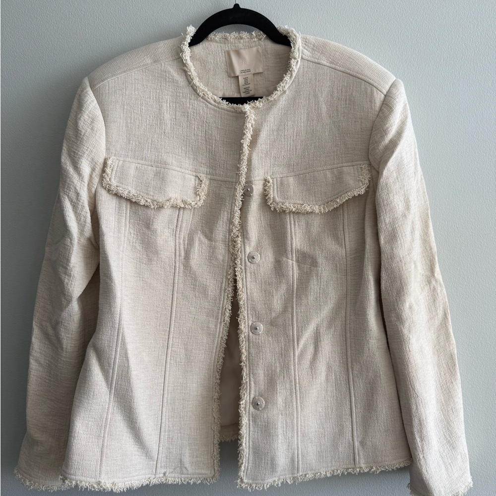 Women's Cream Fringe-Trim Collarless Jacket